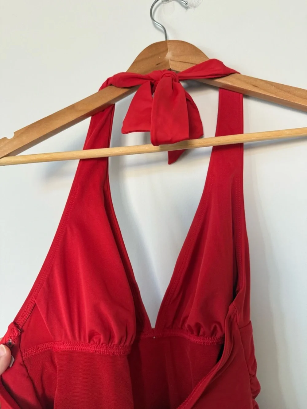 DKNY Women's Triangle Halter One Piece Red Swimsuit Rouched Front - Picture 12 of 13